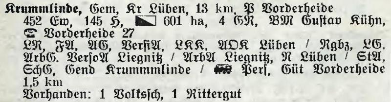 Krummlinde in: Alphabetisches Verzeichnis der Stadt- und Landgemeinden im Gau Niederschlesien 1939