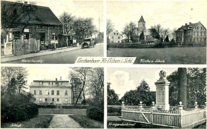 Lerchenborn/Kreis Lüben: Warenhandlung, Kirche und Schule, Schloß, Kriegerdenkmal
