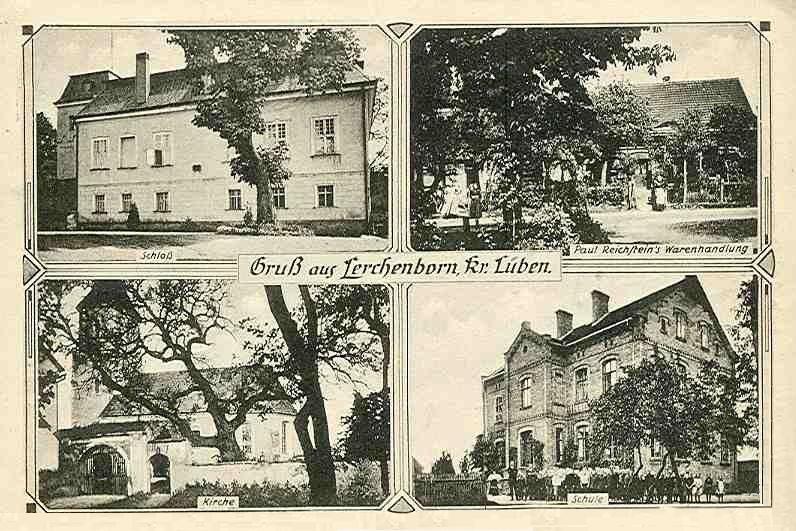 Schloss, Paul Reichsteins Warenhandlung, Kirche und Schule in Lerchenborn