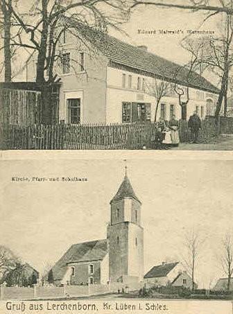 Eduard Mehwalds Warenhandlung, Kirche, Pfarrhaus und Schule Lerchenborn