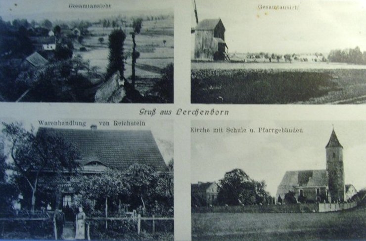 Gesamtansicht, Windmühle, Warenhandlung von Paul Reichstein, Kirche mit Schule und Pfarrhaus