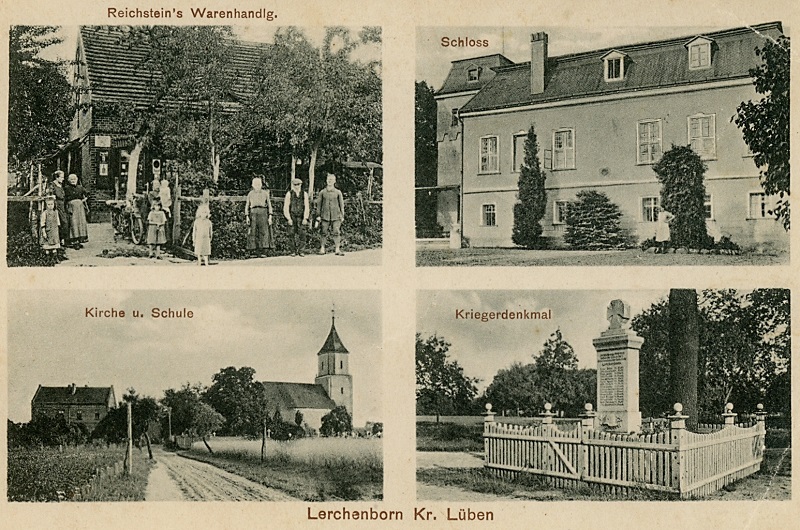Reichstein's Warenhandlung, Schloss, Kirche, Schule, Kriegerdenkmal