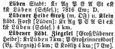 Lüben in: Alphabetisches Verzeichnis sämtlicher Ortschaften der Provinz Schlesien 1913