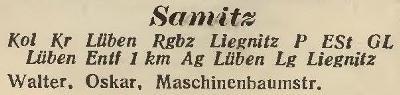 Samitz in: Amtliches Landes-Adressbuch der Provinz Niederschlesien 1927