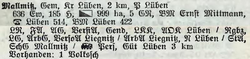 Mallmitz in: Alphabetisches Verzeichnis der Stadt- und Landgemeinden im Gau Niederschlesien 1939