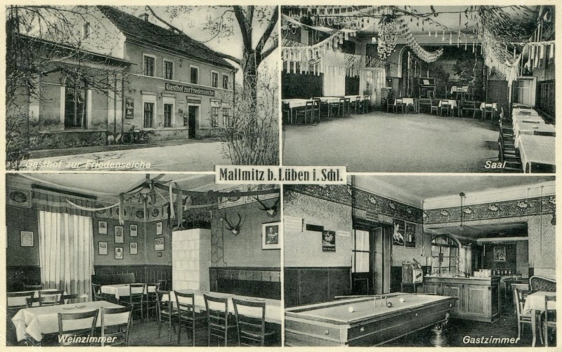 Mallmitz: Ernst Mittmanns Gasthof zur Friedenseiche, Saal, Weinzimmer, Gastraum mit Billardtisch