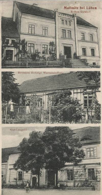 Mallmitz bei Lüben 1915: Rothes Gutshof, Hermann Hobergs Warenhandlung, Gut Leupold
