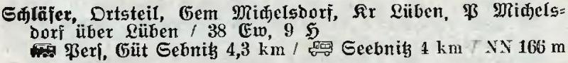 Schläfer in: Alphabetisches Verzeichnis der Stadt- und Landgemeinden im Gau Niederschlesien 1939