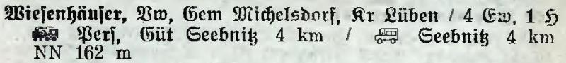 Wiesenhäuser in: Alphabetisches Verzeichnis der Stadt- und Landgemeinden im Gau Niederschlesien 1939