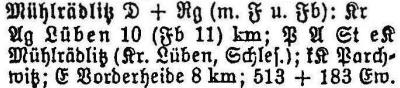 Mühlrädlitz in: Alphabetisches Verzeichnis sämtlicher Ortschaften der Provinz Schlesien 1913