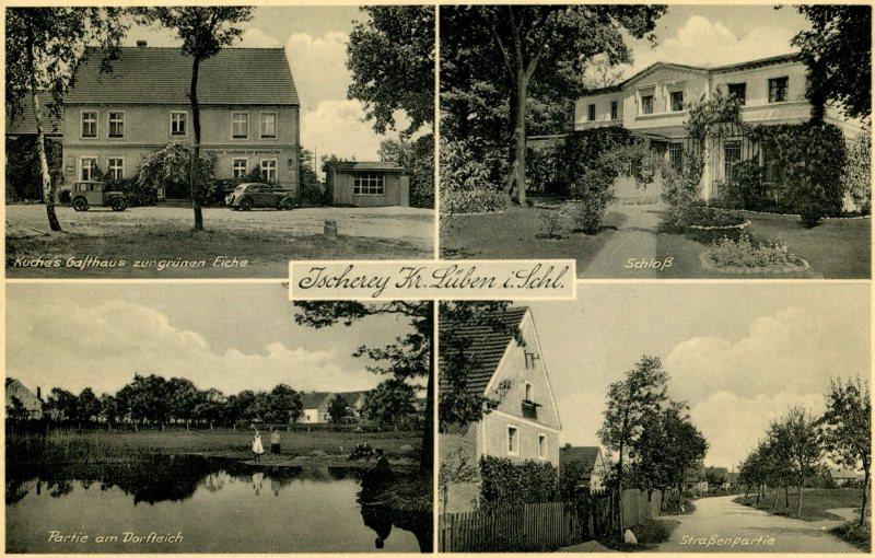 Ischerey: Kuche's Gasthaus 'Zur grünen Eiche', Schloss, Partie am Dorfteich und Dorfstraße