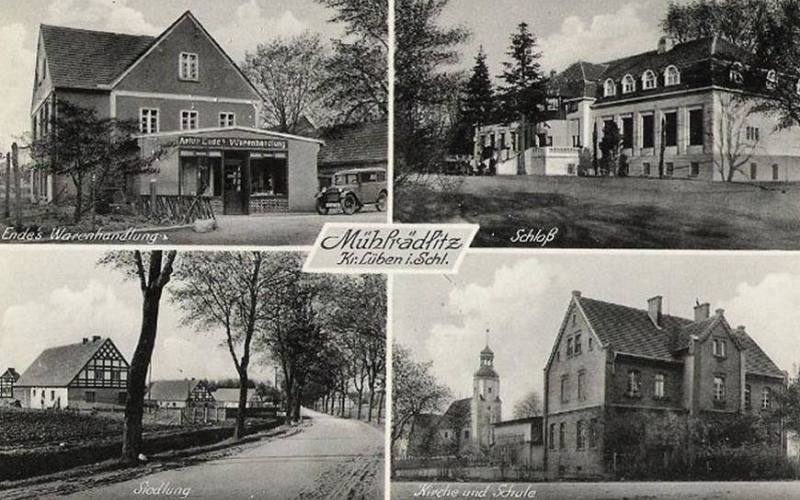 Mühlrädlitz: Ende's Warenhandlung, Schloss, Siedlung, Kirche und Schule