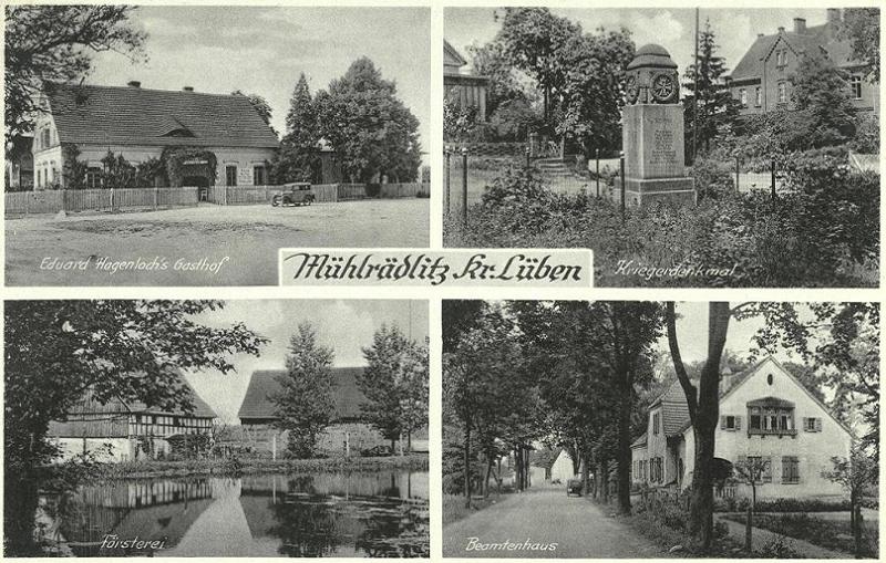 Mühlrädlitz: Eduard Hagenloch's Gasthof, Kriegerdenkmal, Försterei, Beamtenhaus