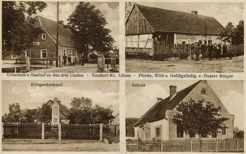 Urbartsch's Gasthof zu den drei Linden, Pferde-, Wild- und Geflügelhandlung von Gustav Burger, Kriegerdenkmal, Schule