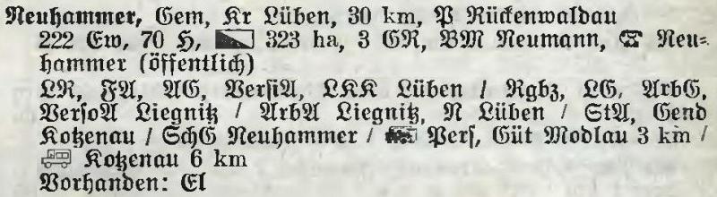 Neuhammer in: Alphabetisches Verzeichnis der Stadt- und Landgemeinden im Gau Niederschlesien 1939