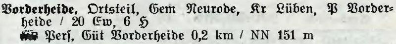 Vorderheide in: Alphabetisches Verzeichnis der Stadt- und Landgemeinden im Gau Niederschlesien 1939