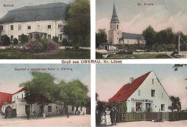 Oberau: Schloss, Evangelische Kirche, Gasthof zum Schwarzen Adler von Härtwig, Bäckerei und Warenhandlung Heinrich Wittig