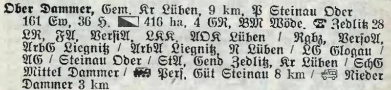 Ober Dammer in: Alphabetisches Verzeichnis der Stadt- und Landgemeinden im Gau Niederschlesien 1939
