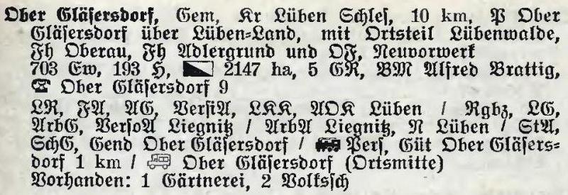 Obergläsersdorf in:  Alphabetisches Verzeichnis der Stadt- und Landgemeinden im Gau Niederschlesien 1939