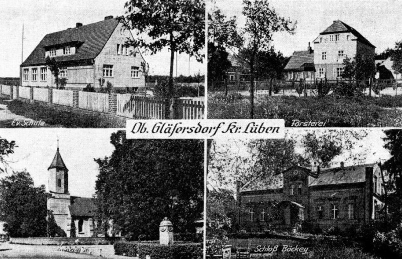 Obergläsersdorf: Evangelische Schule, Försterei, Kirche und Kriegerdenkmal, Schloss Böckey