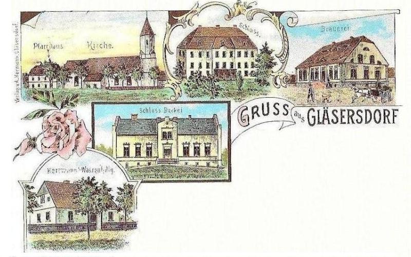 (Ober-) Gläsersdorf um 1900: Pfarrhaus, Kirche, Schloss, Brauerei, Hermann's Warenhandlung, Schloss Böckey (Beckei)