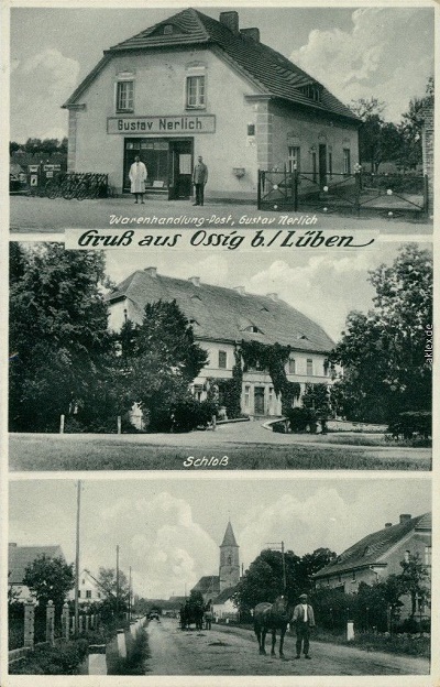 Warenhandlung und Post Gustav Nerlich, Schloss, Straßenpartie um 1938