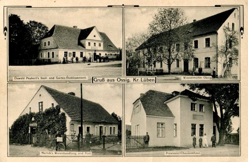 Oswald Peukert's Saal- und Garten-Etablissement, Wassermühle Talke, Nerlich's Warenhandlung und Post, Provinzial-Chausseehaus