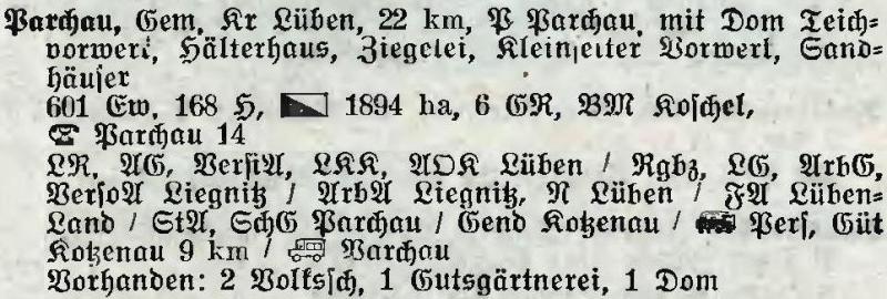 Parchau in: Alphabetisches Verzeichnis der Stadt- und Landgemeinden im Gau Niederschlesien 1939