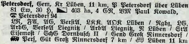 Petersdorf in: Alphabetisches Verzeichnis der Stadt- und Landgemeinden im Gau Niederschlesien 1939