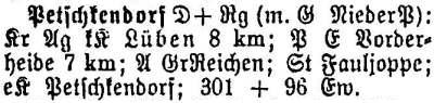 Petschkendorf in: Alphabetisches Verzeichnis sämtlicher Ortschaften der Provinz Schlesien 1913