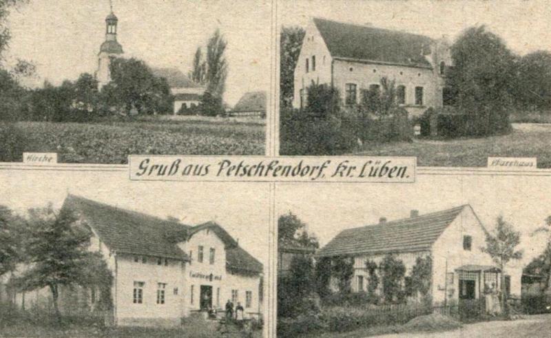 Petschkendorf: Kirche, Pfarrhaus, Gustav Neumann's Gasthaus, unbekanntes Grundstück