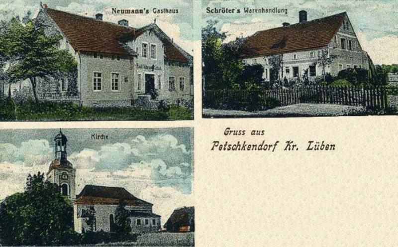 Petschkendorf: Neumann's Gasthaus, Schröter's Warenhandlung, Kirche