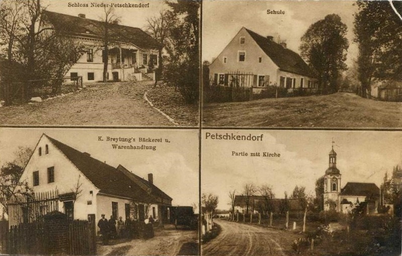 Schloss Nieder-Petschkendorf, Schule, Karl Breytung's Bäckerei und Warenhandlung, evangelische Kirche