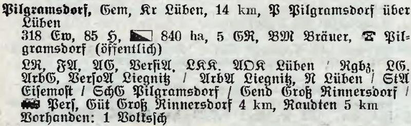 Pilgramsdorf in: Alphabetisches Verzeichnis der Stadt- und Landgemeinden im Gau Niederschlesien 1939