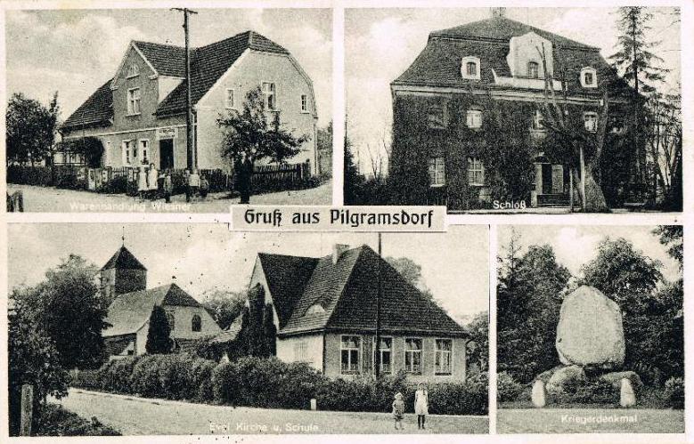 Pilgramsdorf: Warenhandlung Wiesner, Schloss, Evangelische Kirche und Schule, Kriegerdenkmal