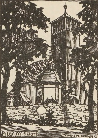 Kirche zu Pilgramsdorf, Holzschnitt von Elfriede Springer