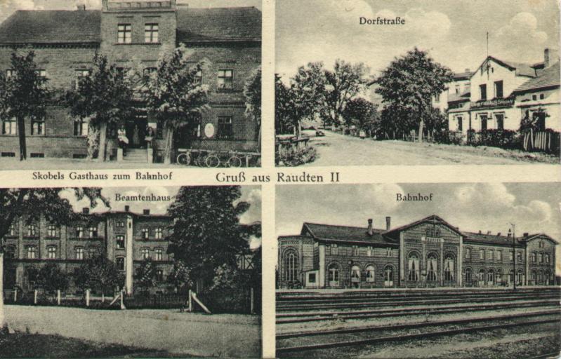 Queissen: Skobels Gasthaus zum Bahnhof, Dorfstraße mit Wurstfabrik Richard Krippahl, Beamtenhaus, Bahnhof Raudten-Queissen