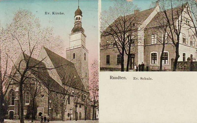 Evangelische Kirche und evangelische Volksschule Raudten 1913