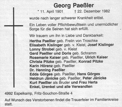 Traueranzeige für Georg Paeßler im Dezember 1982