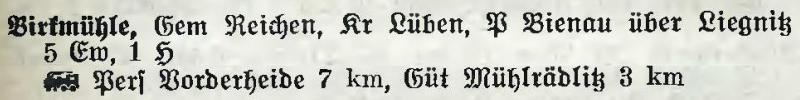 Birkmühle in: Alphabetisches Verzeichnis der Stadt- und Landgemeinden im Gau Niederschlesien 1939