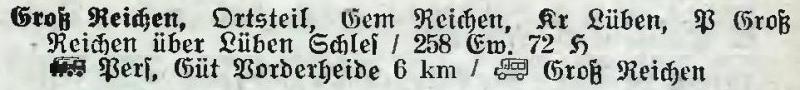 Groß Reichen in: Alphabetisches Verzeichnis der Stadt- und Landgemeinden im Gau Niederschlesien 1939