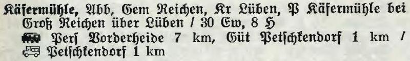 Käfermühle in: Alphabetisches Verzeichnis der Stadt- und Landgemeinden im Gau Niederschlesien 1939