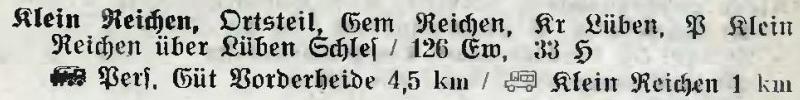 Klein Reichen in: Alphabetisches Verzeichnis der Stadt- und Landgemeinden im Gau Niederschlesien 1939