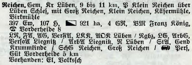 Reichen in: Alphabetisches Verzeichnis der Stadt- und Landgemeinden im Gau Niederschlesien 1939