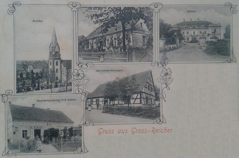 Kirche, Pfarrhaus, Schloss, Warenhandlung von A. Scholz, Gerichtskretscham
