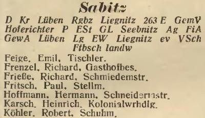 Sabitz in: Amtliches Landes-Adressbuch der Provinz Niederschlesien 1927