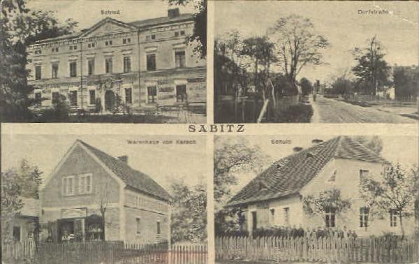 Sabitz 1916: Schloss, Dorfstraße, Warenhaus von Heinrich Karsch, Schule