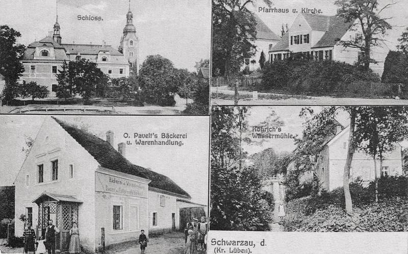 Schwarzau: Schloss, Pfarrhaus und Kirche, Oskar Pavelt's Bäckerei und Warenhandlung, Röhrich's Wassermühle