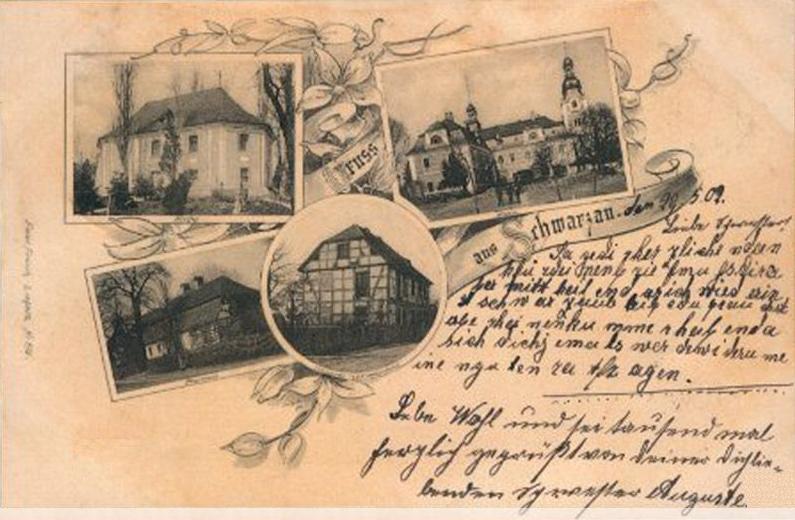 Gruß aus Schwarzau 1902: Kirche, Schloss, Schule, Warenhandlung