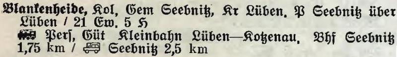 Blankenheide in: Alphabetisches Verzeichnis der Stadt- und Landgemeinden im Gau Niederschlesien 1939